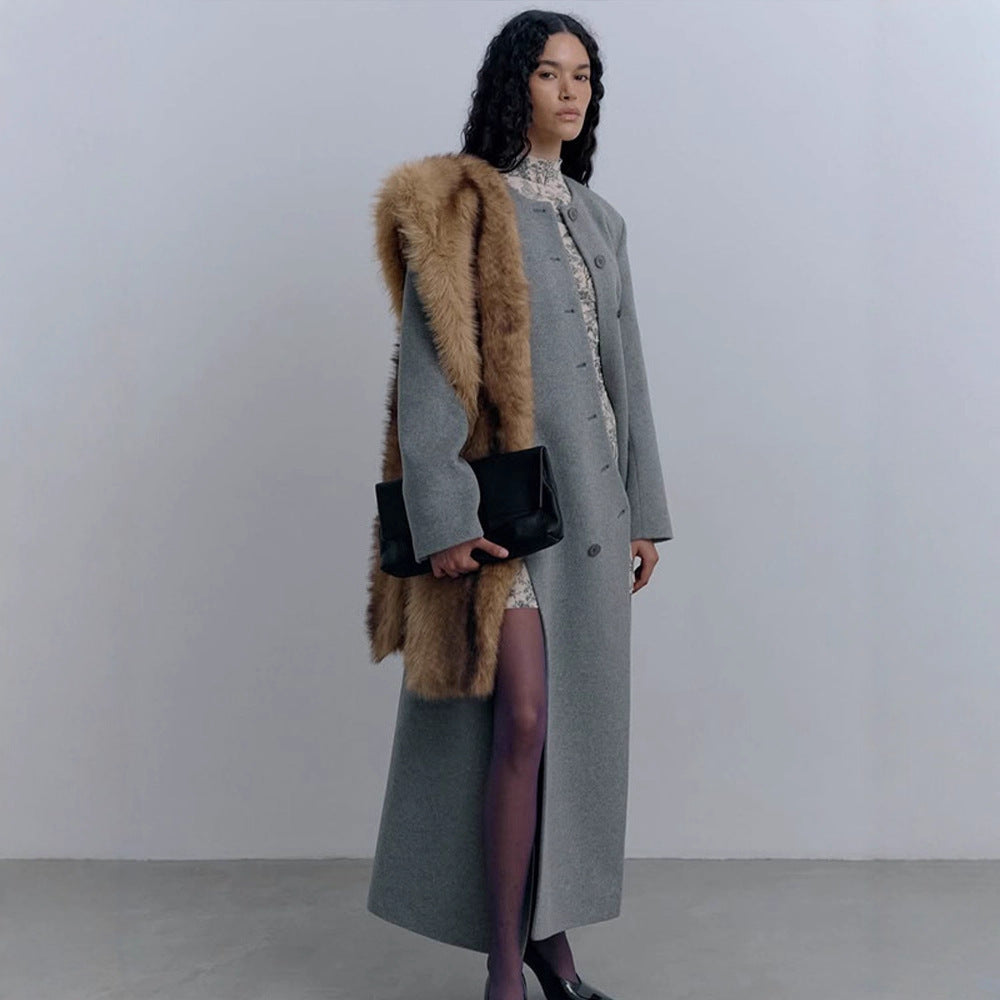 Women's Longer Tailored Wool Blend Coat with Asymmetrical Button Placket and Round Neck Amarae