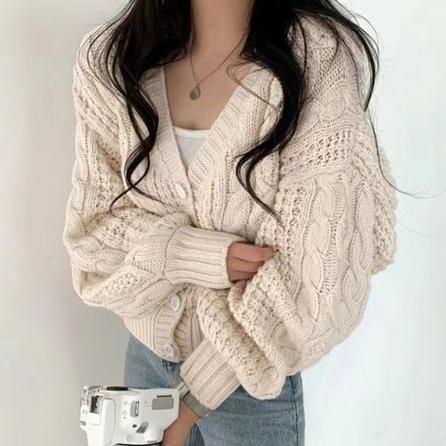Ladies chunky knit cardigan with voluminous sleeves and a textured surface Amarae