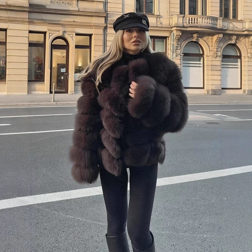 Women's Short Plush Boxy Faux Fur Blouson with Layered Volume Stripes Amarae