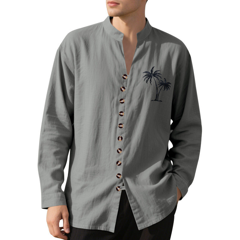 Casual long sleeve shirt for men with modern stand-up collar and palm tree pattern Lune London