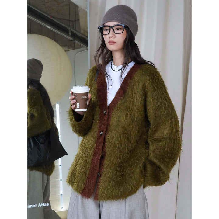 Women's Fluffy Long-Hair Knit Cardigan with Button Placket and Oversized Silhouette Amarae