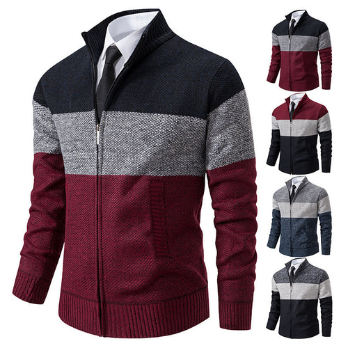 Fashionable knit jacket for men with textured color block design Amarae