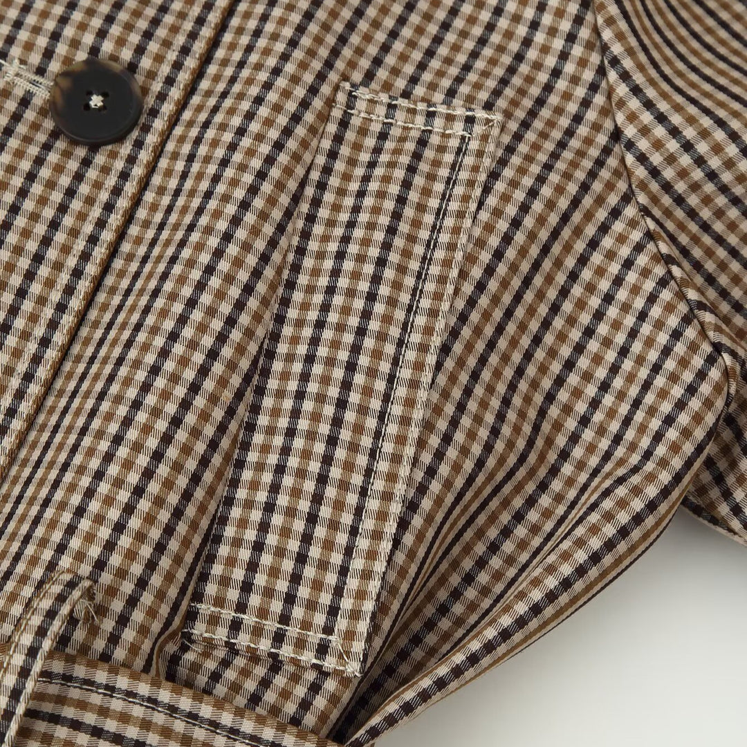 Women Cropped Double-Breasted Check Trench Coat with Waist Tie Belt and Flared Cuffs Amarae