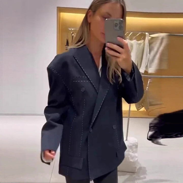 Women Oversized Two-Piece Boxy Blazer and Wide Pleated Trousers with Decorative Stitching Amarae