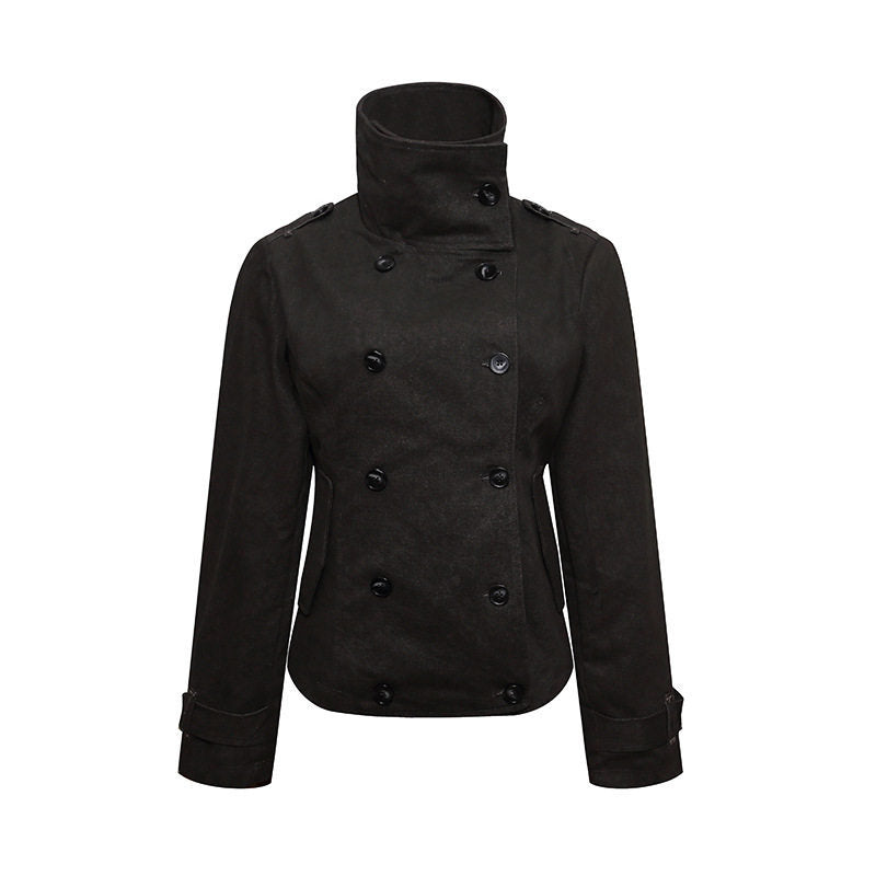 Women Short Double-Breasted Peacoat with Stand Collar and Waist Amarae