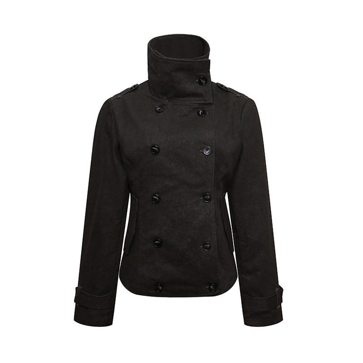 Women Short Double-Breasted Peacoat with Stand Collar and Waist Amarae