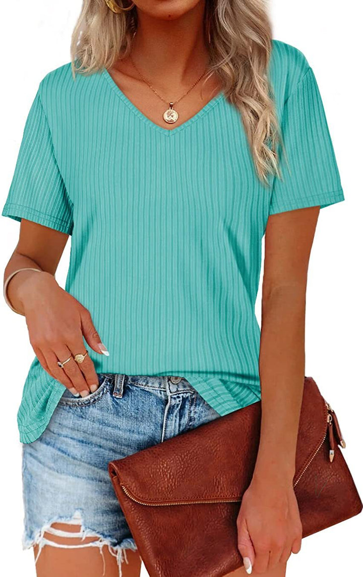 Viscose T-shirt for women with a fine ribbed knit pattern and a casual V-neck Lune London