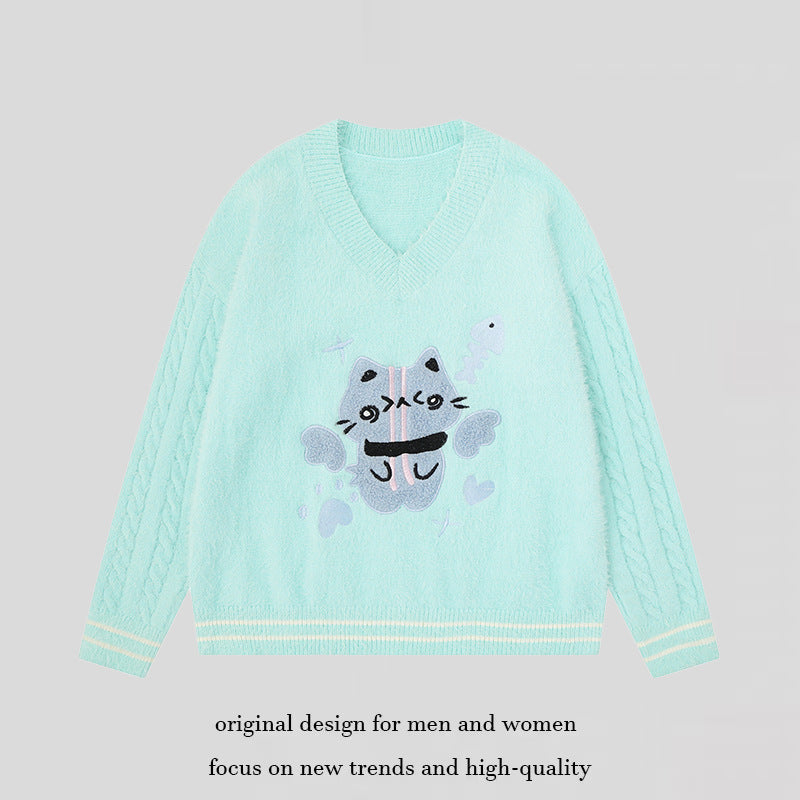 Women's V-neck knitted sweater with cable sleeves and chenille cat motif Amarae