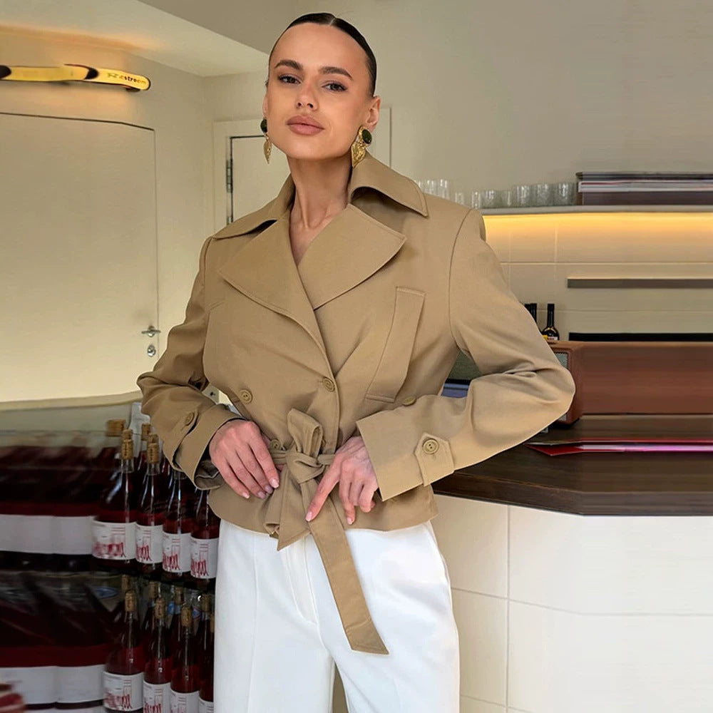Women Tailored Trench Set with Peplum, Tied Belt & Pencil Skirt Amarae