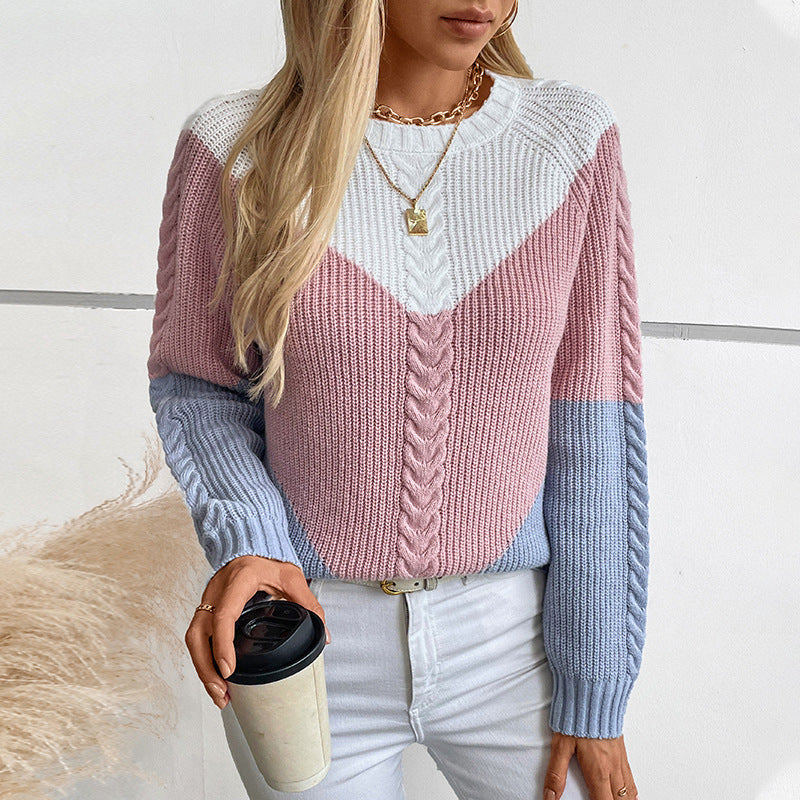 Women's chic and stylish knitted sweater with geometric patterns and twisted ribs