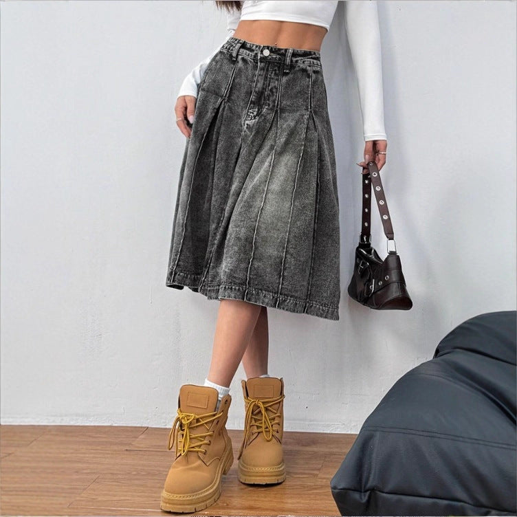 Ladies midi skirt made of denim with vintage wash, pleats and high waist Amarae