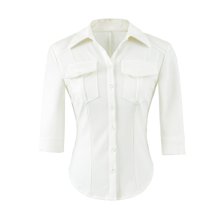 Women's fitted shirt blouse with chest pockets and fitted darts Amarae