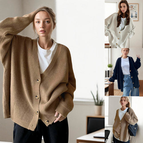 Ladies' oversized knit cardigan with deep V-neck and large buttons Amarae