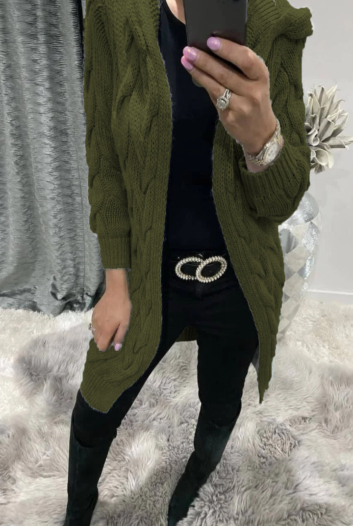 Ladies Chunky Knit Cardigan with Hood and Chic 3D Pattern