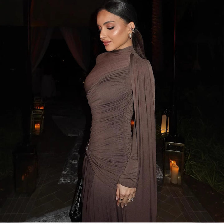 Women's figure-hugging evening dress with asymmetrical draping, gathered bodice and long draped bow Amarae