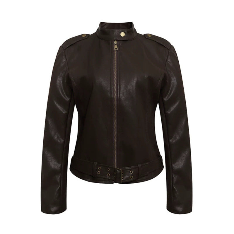 Women's Fitted Leather-Look Jacket with Stand-Up Collar, Epaulettes, and Waist Belt Amarae