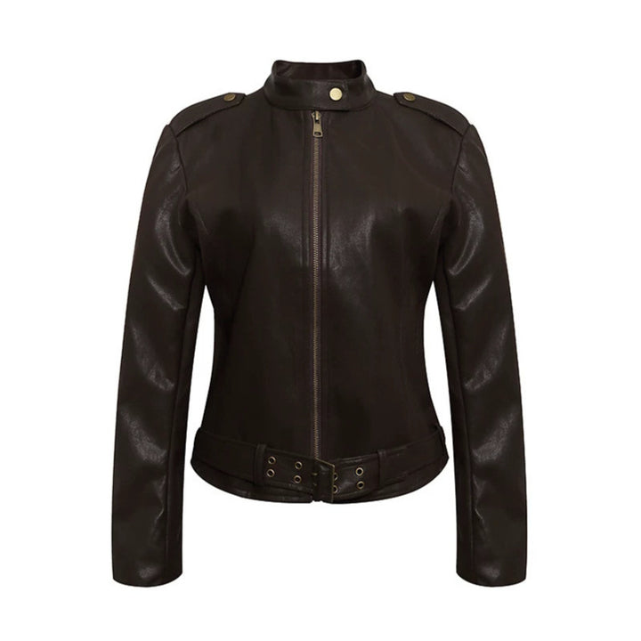 Women's Fitted Leather-Look Jacket with Stand-Up Collar, Epaulettes, and Waist Belt Amarae