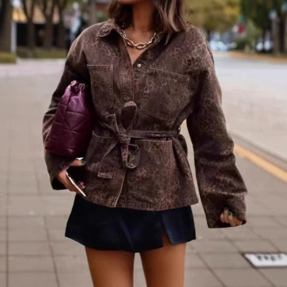 Women's denim jacket with flexible belted waist and animal print Amarae