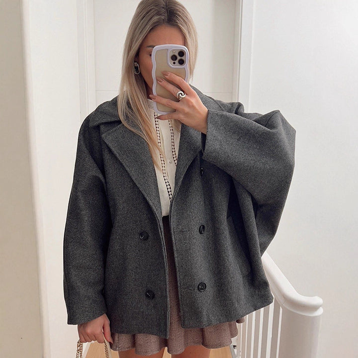Women's Boxy Wool Blend Cocoon Jacket with Double-Breasted Button Placket and Wide Lapels Amarae