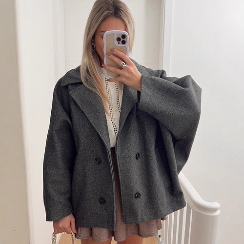 Women's Boxy Wool Blend Cocoon Jacket with Double-Breasted Button Placket and Wide Lapels Amarae