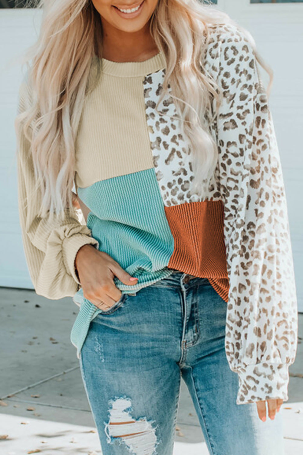 Ladies Oversize Patchwork Sweater with Animal Print and Textured Knit Amarae