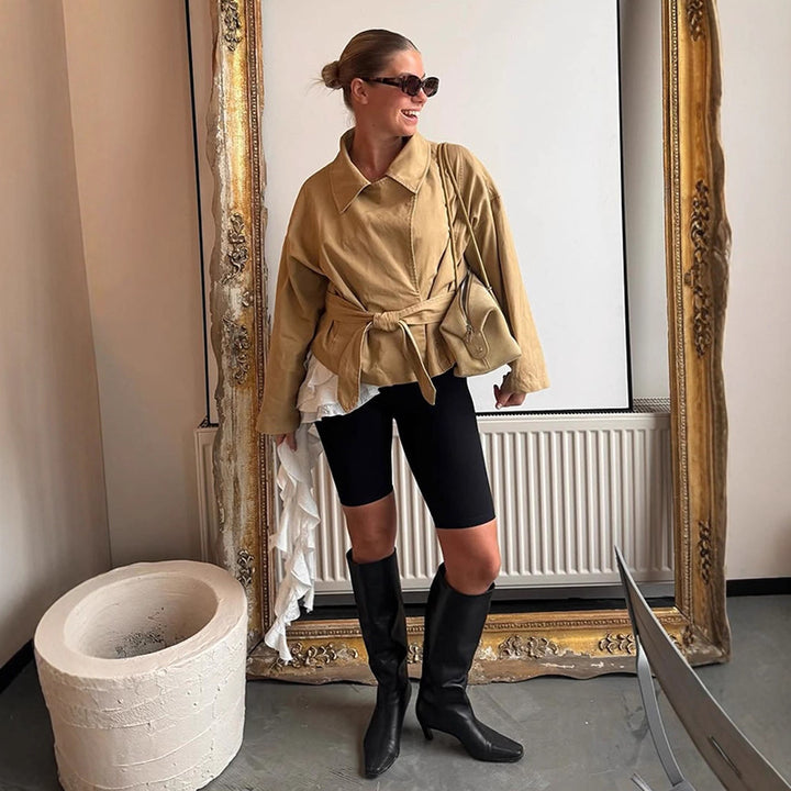 Women's Short Tailored Canvas Jacket with Tied Belt and Dropped Shoulders Amarae