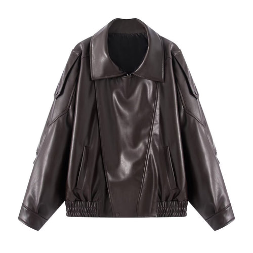 Casual faux leather jacket for women with large flap pockets and innovative design Amarae