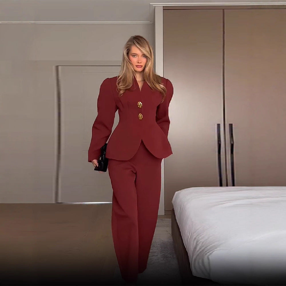 Women Tailored Couture Blazer Set with Sculptural Shoulder and Cropped Marlene Pants Amarae
