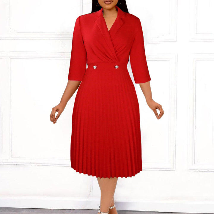 Elegant women's wrap dress with pleated design and chic office collar.