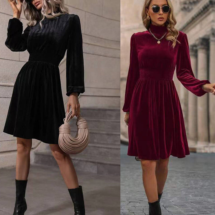 Women Velvet Dress with High Neck Design and Elegant Long Sleeves Lune London