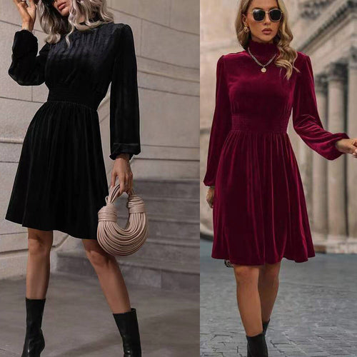 Women Velvet Dress with High Neck Design and Elegant Long Sleeves Amarae