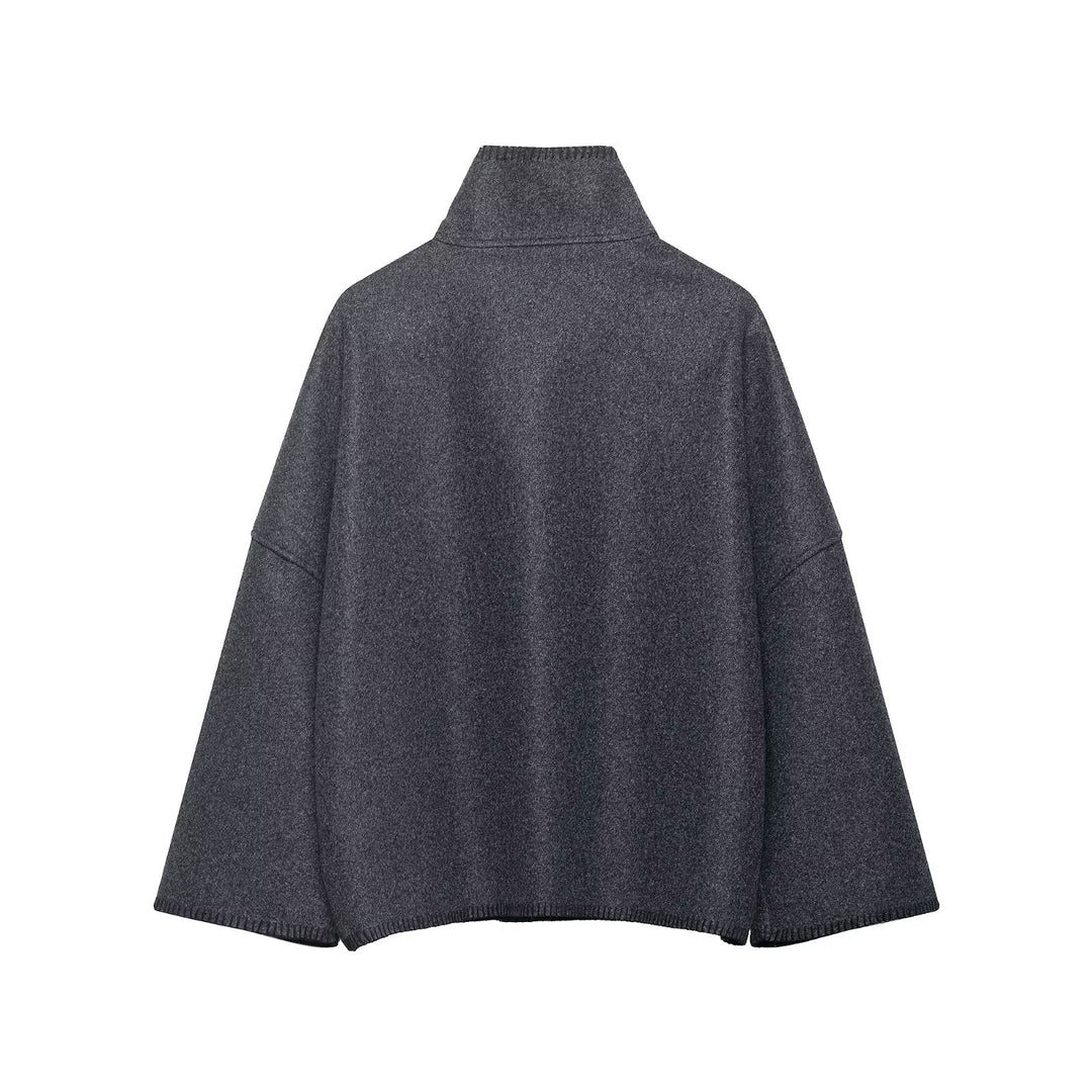 Ladies Wool Blend Cape with High Stand Collar, Button Placket and Decorative Stitching
