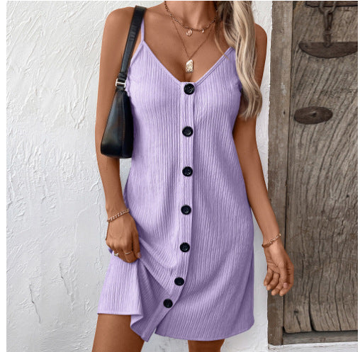 Sleeveless dress for women with fine ribbing and V-neck Lune London