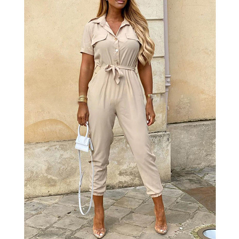 Women Practical jumpsuit with elegant collar and belt at the waist Lune London