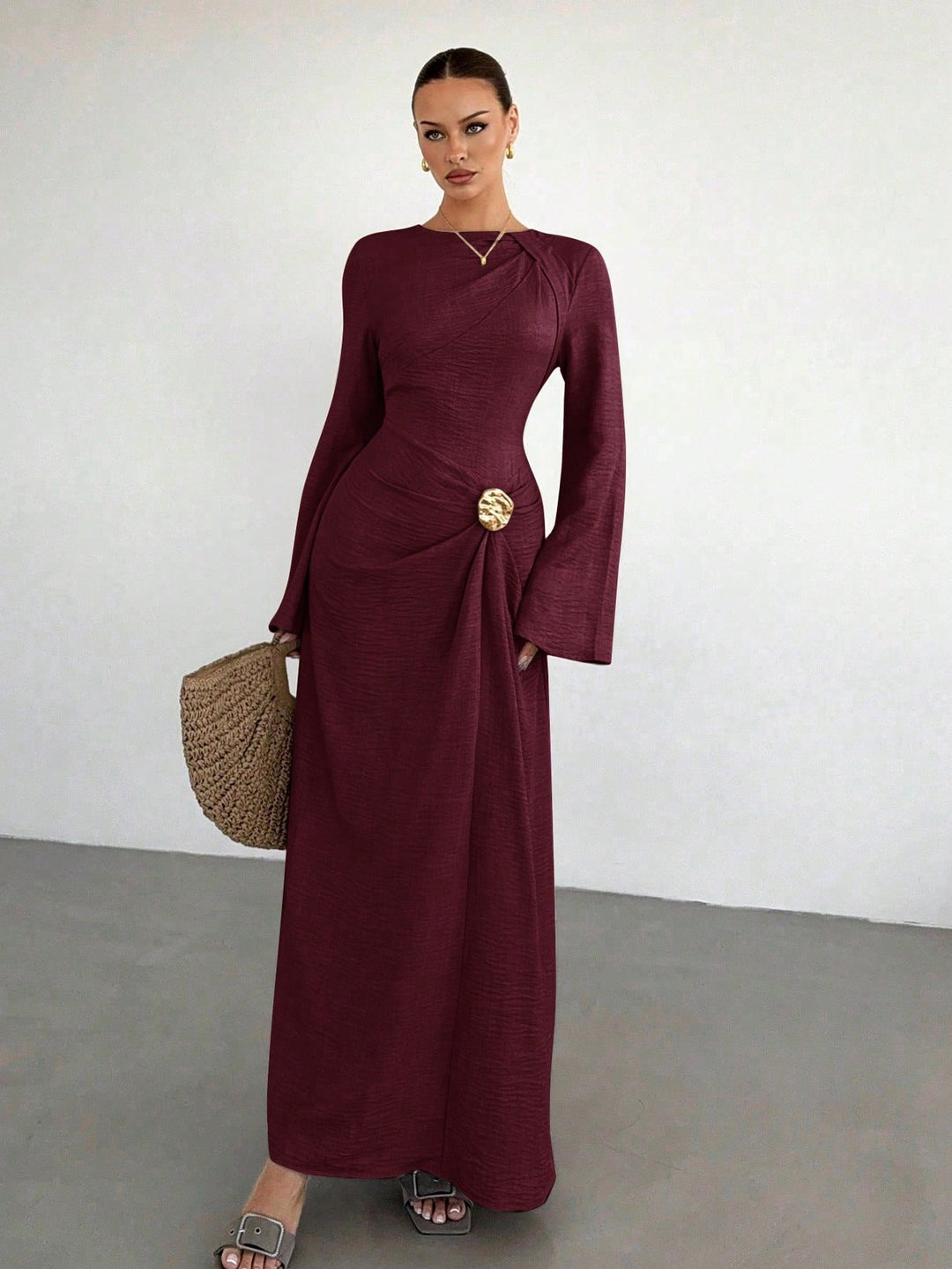 Ladies max dress with draping, decorative brooch and wide trumpet sleeves Amarae