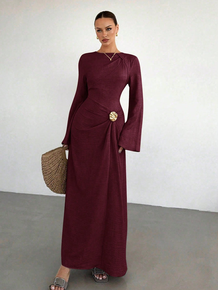 Ladies max dress with draping, decorative brooch and wide trumpet sleeves Amarae