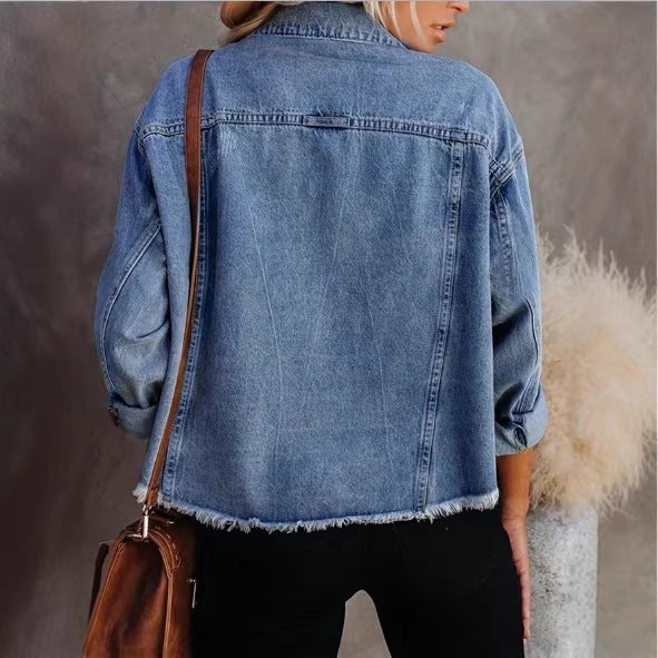 Women's Short Cut Oversized Denim Jacket with Frayed Hem and Flap Pockets Amarae
