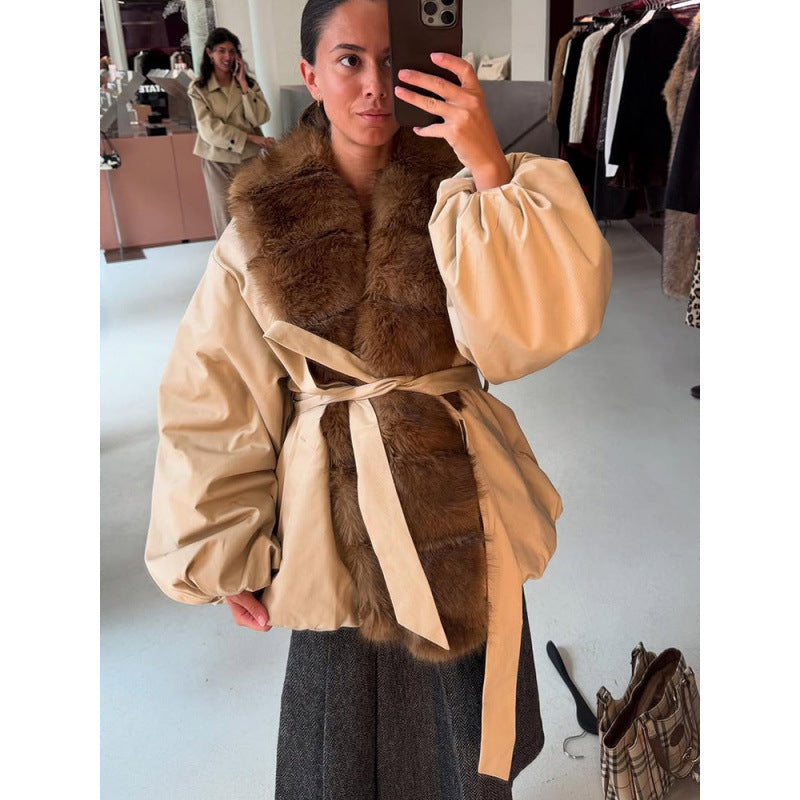 Women Short Tailored Jacket with Fur Collar and Balloon Sleeves Amarae