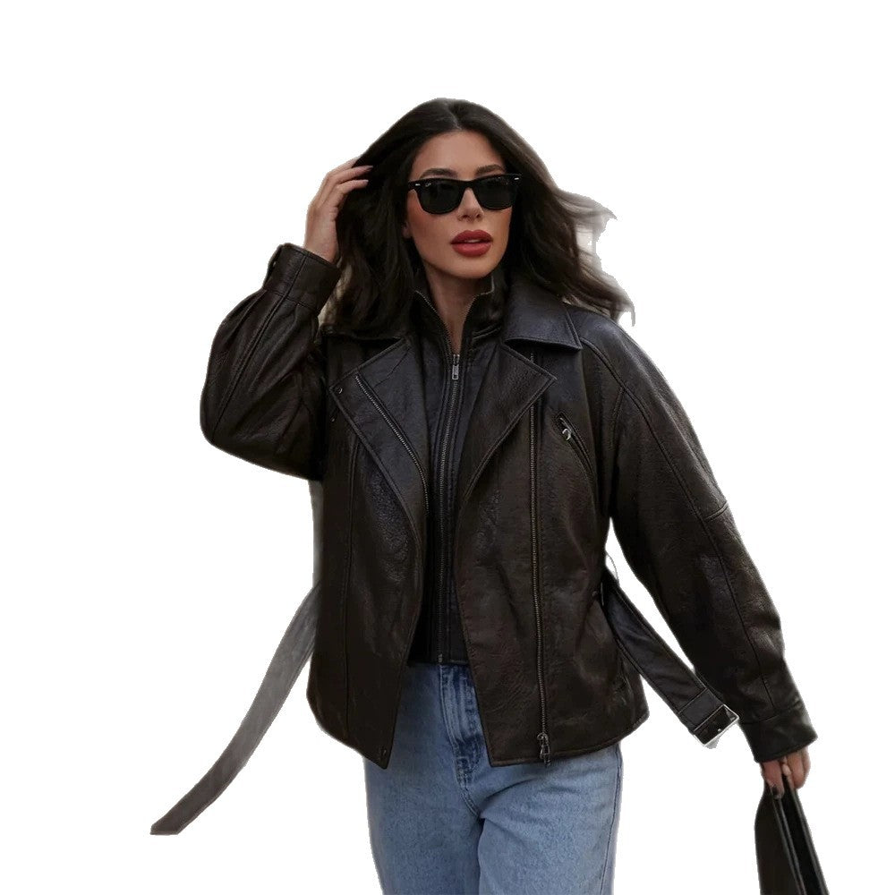 Ladies Tailored Faux Leather Biker Jacket with Ties and Drop Shoulder Amarae