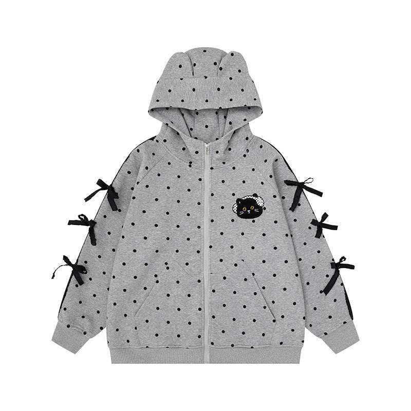 Women's hooded sweatshirt jacket with polka dot all-over, cat patch, bow sleeves and ear hood Amarae