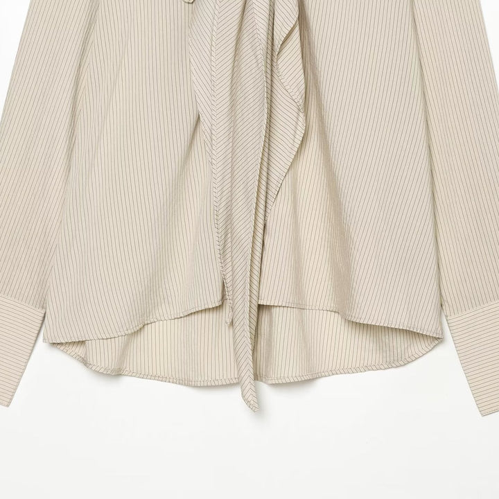 Ladies blouse with necktie collar, fine pinstripe and floral appliqué Amarae