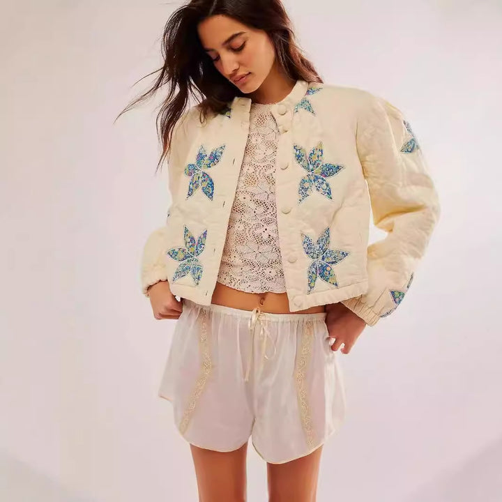 Ladies quilted bomber jacket with floral design Lune London
