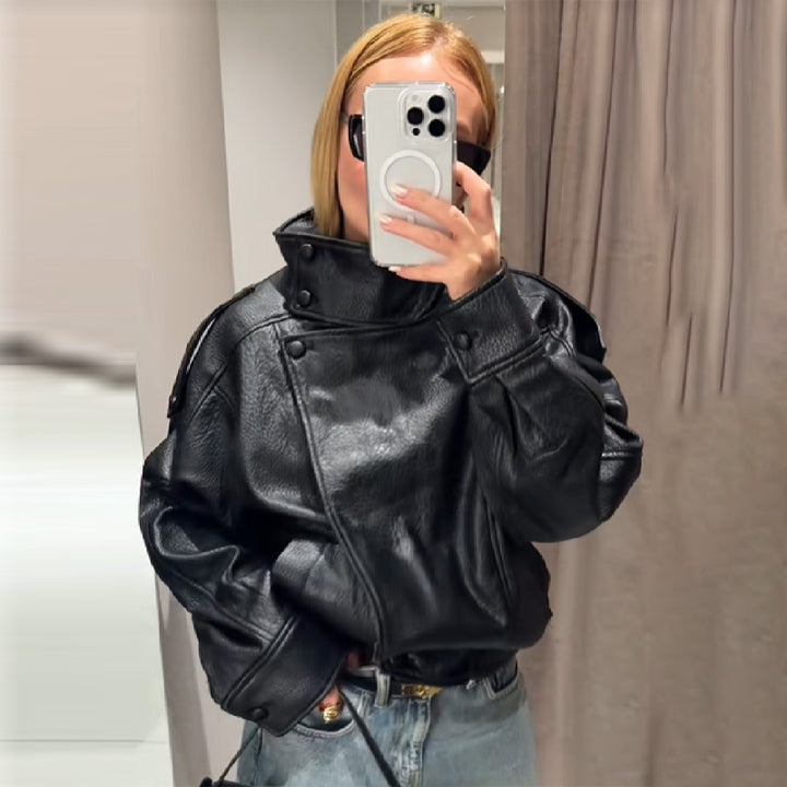 Elegant and voluminous leather jacket for women with high collar Lune London