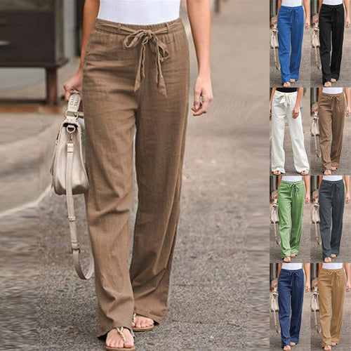 Linen pants for women with elastic waistband and tie belt Amarae