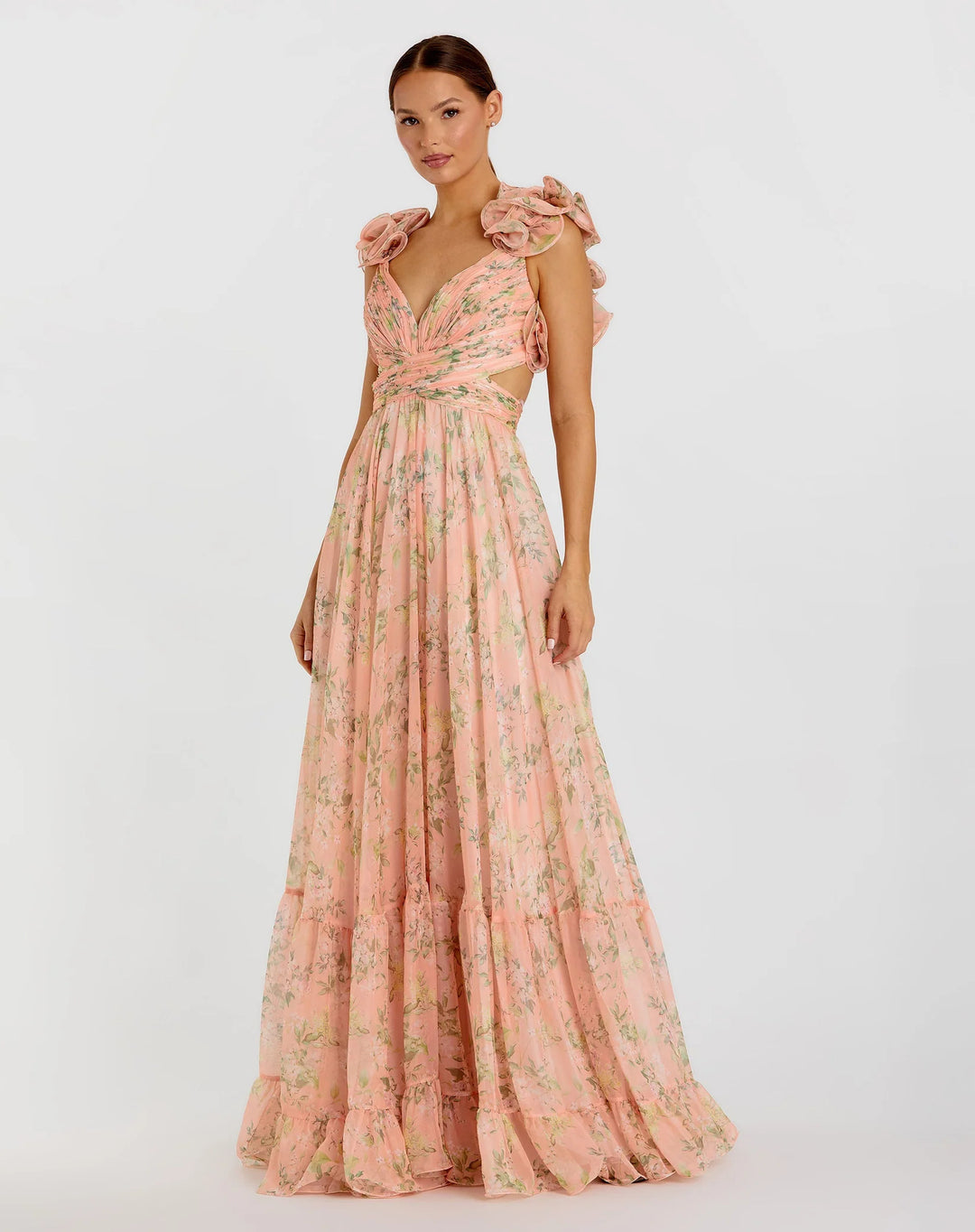 Women's maxi dress with floral ruffles and swinging design
