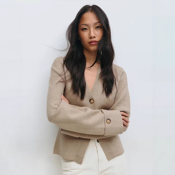 Women's Tailored Fine Knit Jacket with Deep V-Neck and Wide Cuffs Amarae