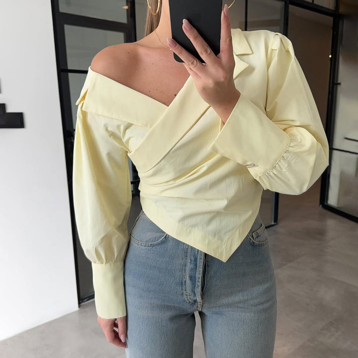 Lune London Elegant wrap blouse for women with asymmetric cut and puff sleeves
