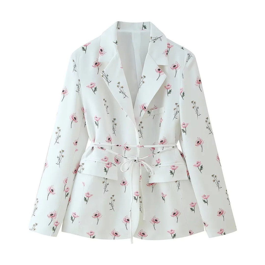 Fitted blazer for women with floral pattern and tie belt Lune London
