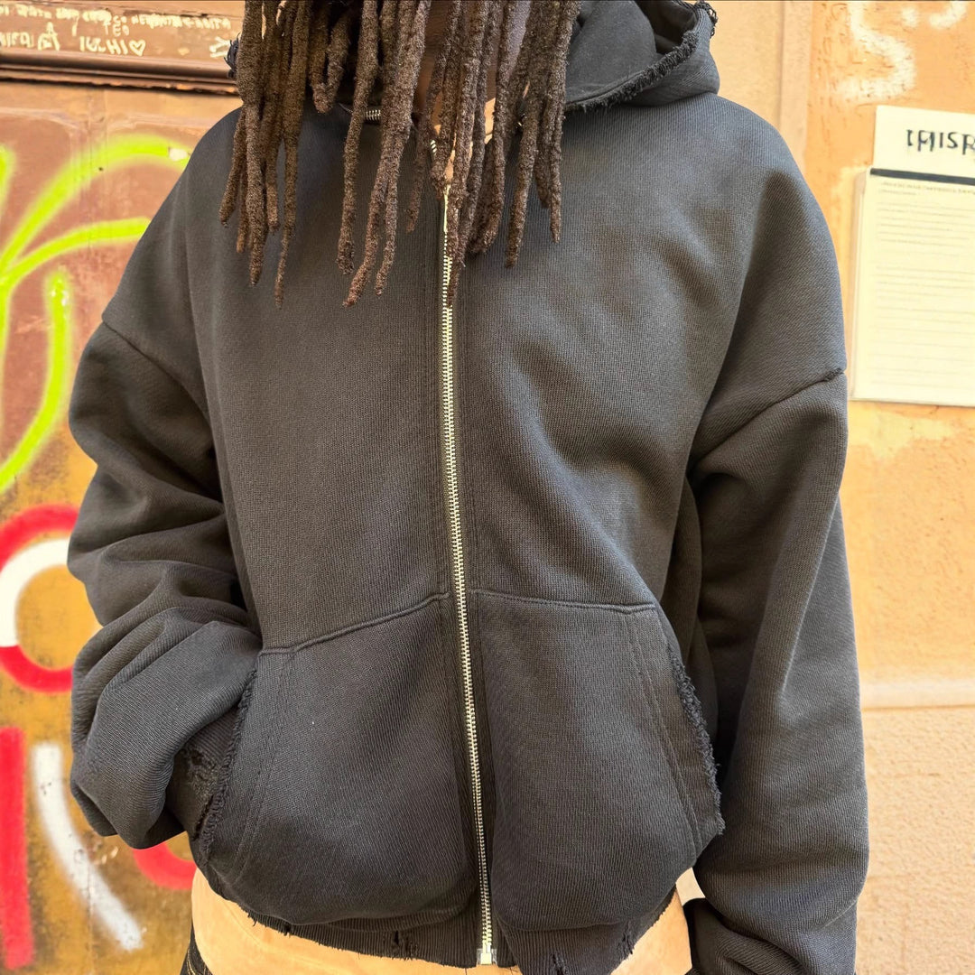 Short women's jacket with zipper and asymmetrical hood design Lune London
