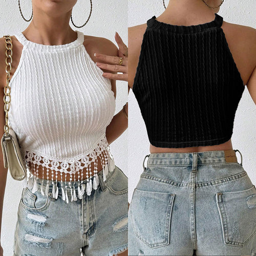 Haut halter pour femmes avec des franges et un fin motif en dentelle Chic & Stil